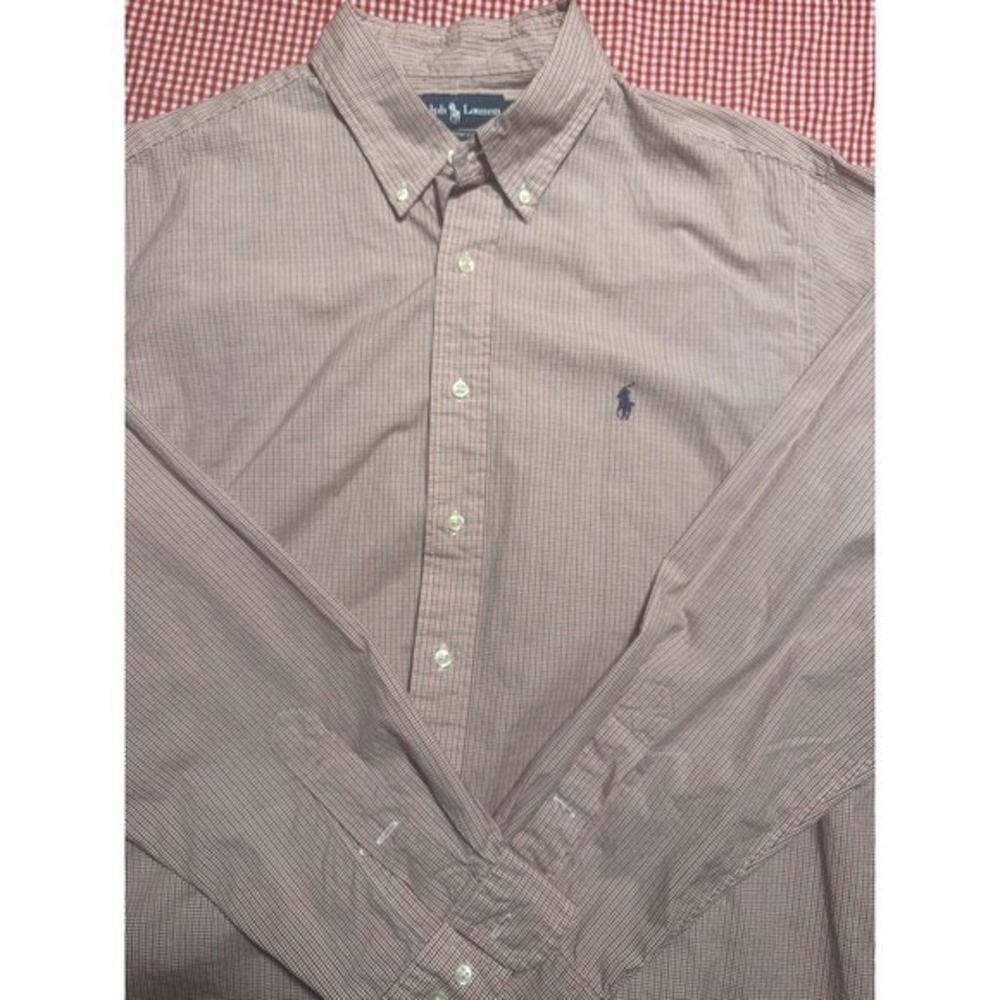VTG Ralph Lauren Custom Fit Button Down Shirt Men Red Checkered Long‎ Sleeve